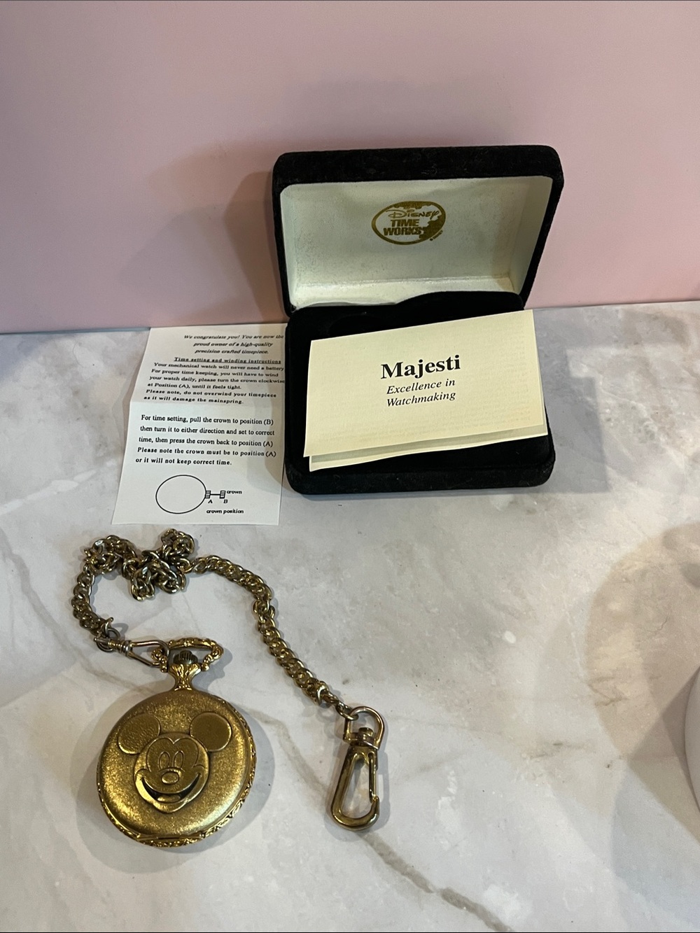 MICKEY MOUSE POCKET WATCH DISNEY MAJESTI SWISS MOVEMENT SKELETON GOLD-TONE NIB - Picture 4 of 17